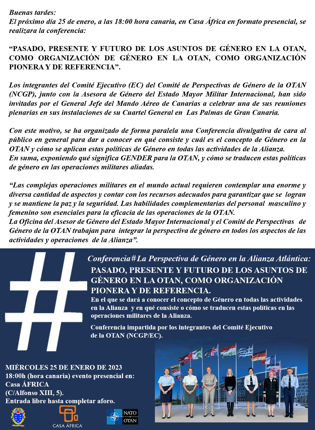 Cartel de la conferencia: 'La perspectiva de género en la OTAN. Pasado, presente y futuro de los asuntos de género en la OTAN'