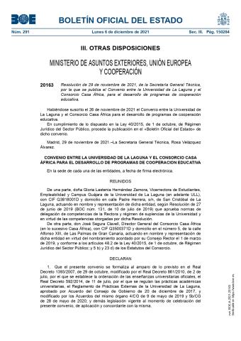 Convenio entre la Universidad de La Laguna y el Consorcio Casa África, para el desarrollo de programas de cooperación educativa