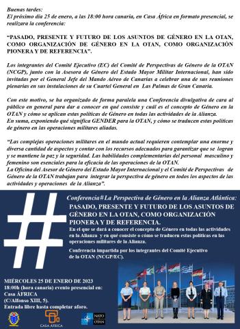 Cartel de la conferencia: 'La perspectiva de género en la OTAN. Pasado, presente y futuro de los asuntos de género en la OTAN'