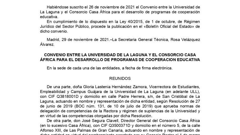 Convenio entre la Universidad de La Laguna y el Consorcio Casa África, para el desarrollo de programas de cooperación educativa