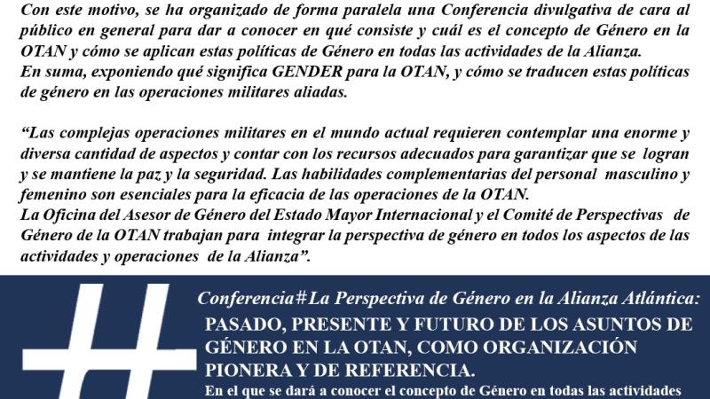 Cartel de la conferencia: 'La perspectiva de género en la OTAN. Pasado, presente y futuro de los asuntos de género en la OTAN'